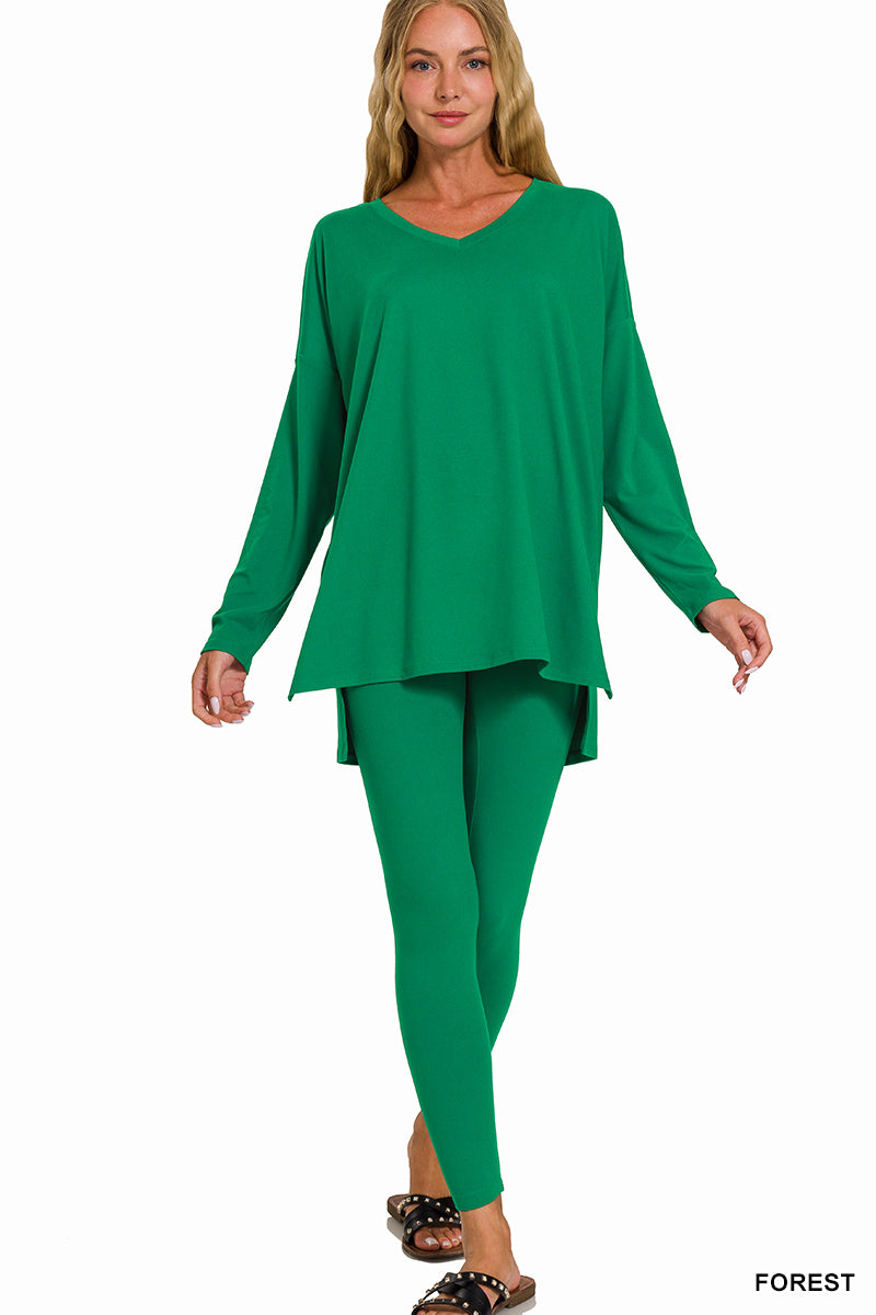 BRUSHED DTY MICROFIBER FOREST GREEN LOUNGEWEAR  SET