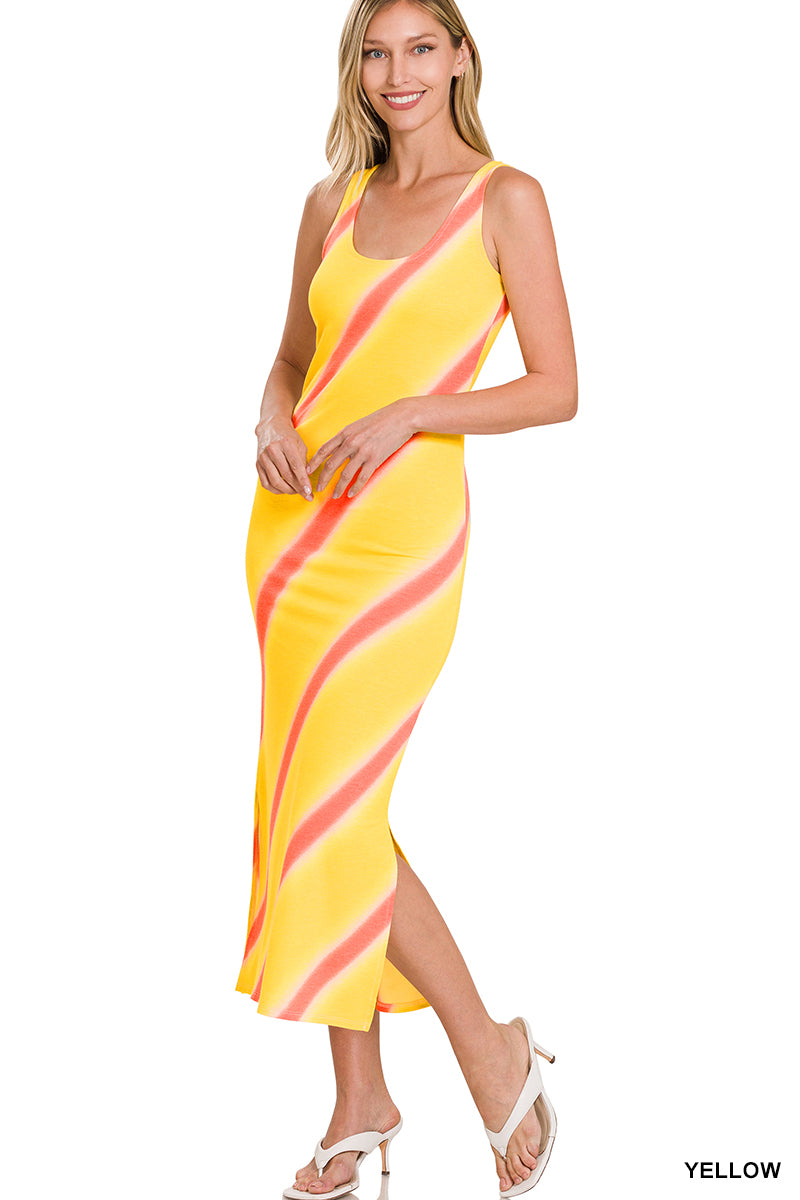 Diagonal Print Scoop Neck Sleeveless Midi Dress Yellow