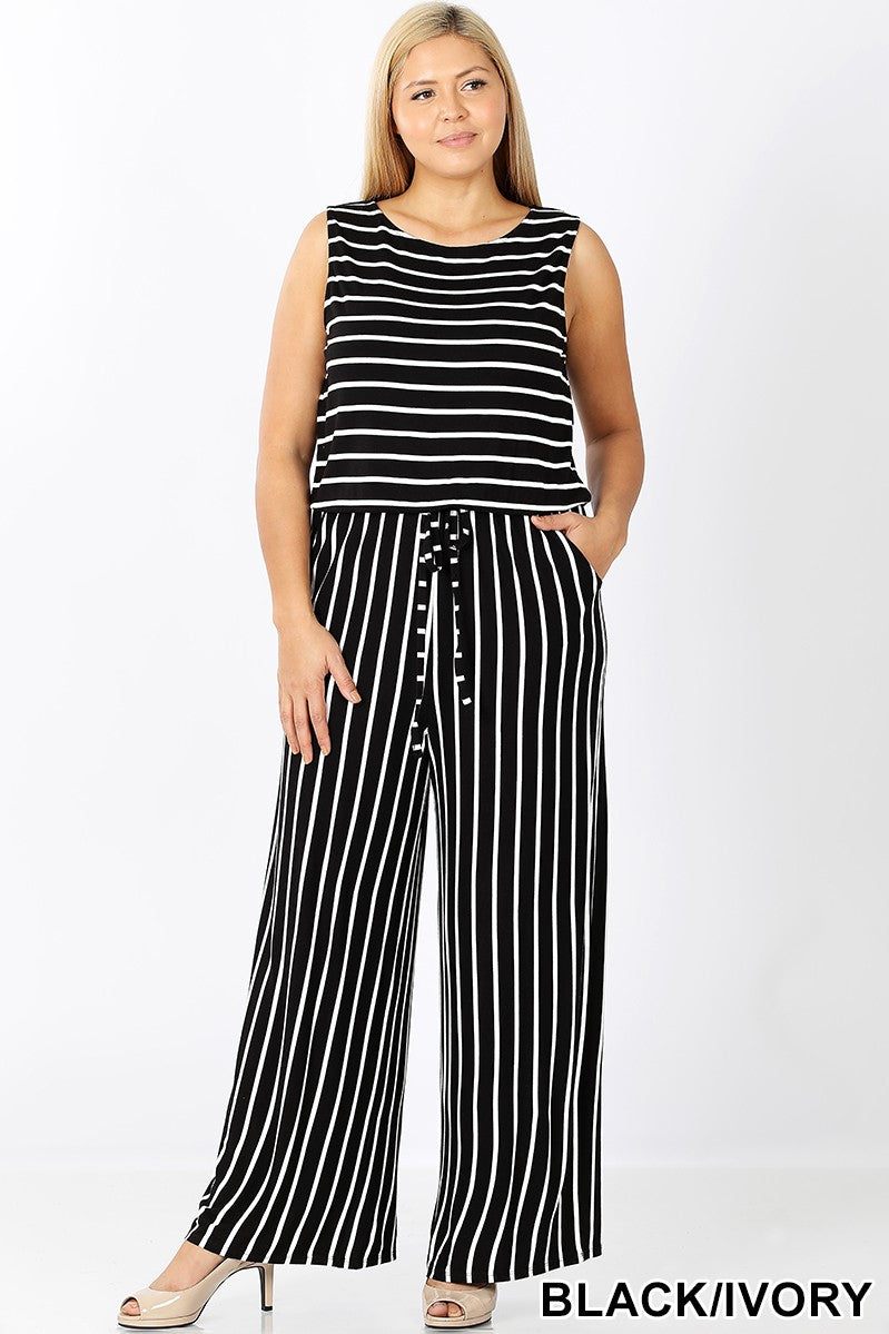 PLUS STRIPE SLEEVELESS JUMPSUIT