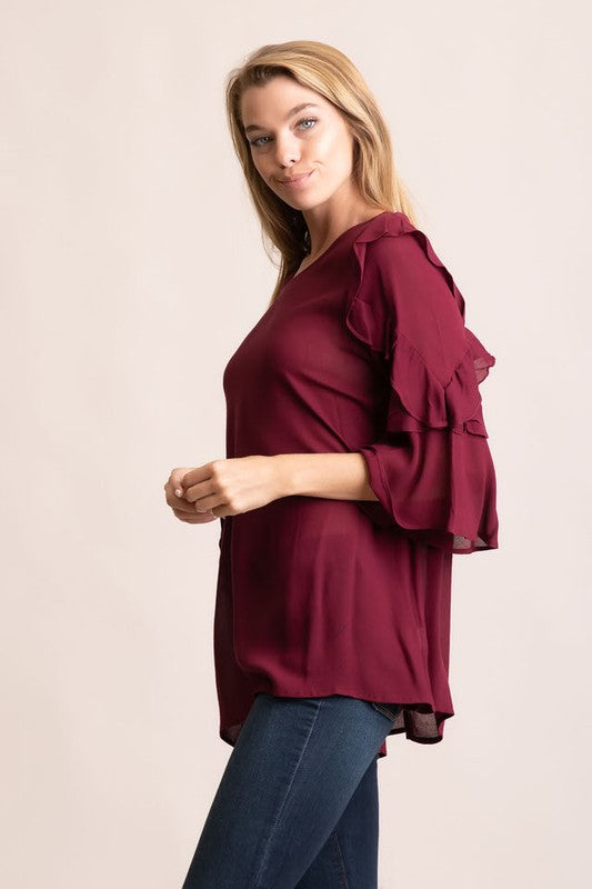 RUFFLE DETAILED 3/4 BELL SLEEVE