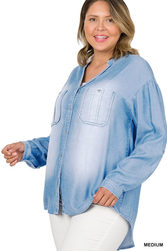 PLUS CHAMBRAY ROLL-UP SLEEVE SHIRT DENIM