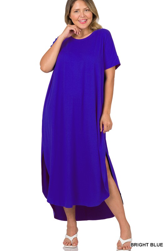 WOMEN PLUS SHORT SLEEVE MAXI DRESS WITH POCKETS BRIGHT BLUE