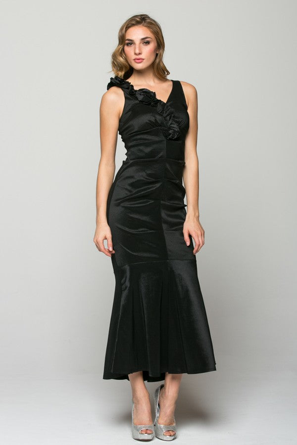 BLACK SOLID V-NECK EVENING DRESS