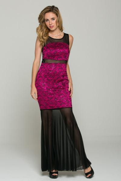 MAGENTA SHEER INSERT LACE GOWN