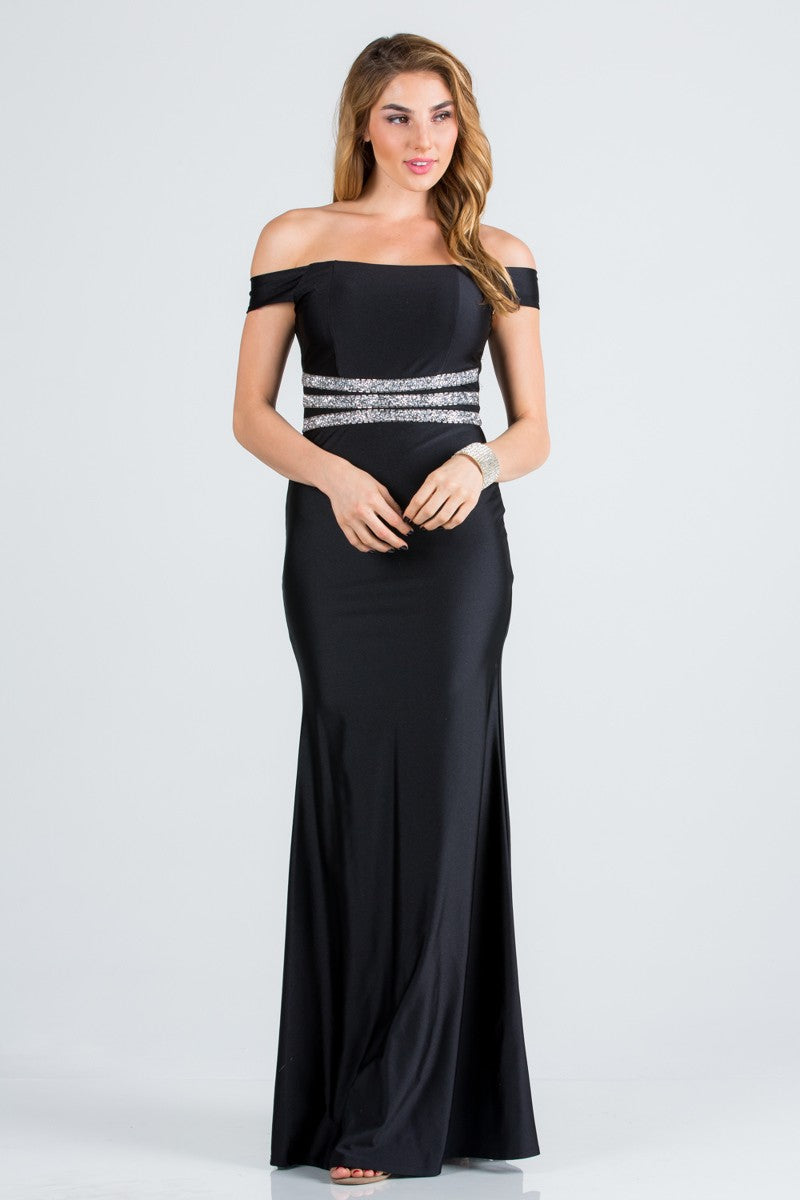 BLACK EMBELLISHED WAIST TRICOT GOWN