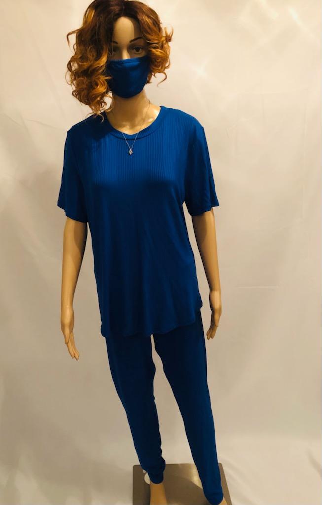 BLUE RIBBED 3PC PANT SET