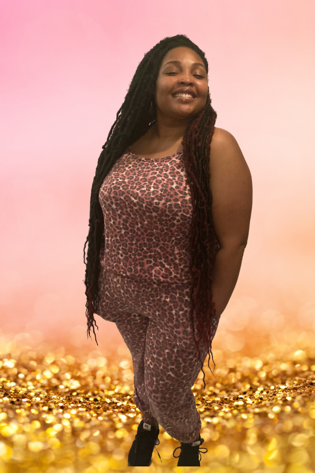 PLUS LEOPARD PRINT V-NECK CAMI & LOUNGE JOGGER PANTS-CRANBERRY
