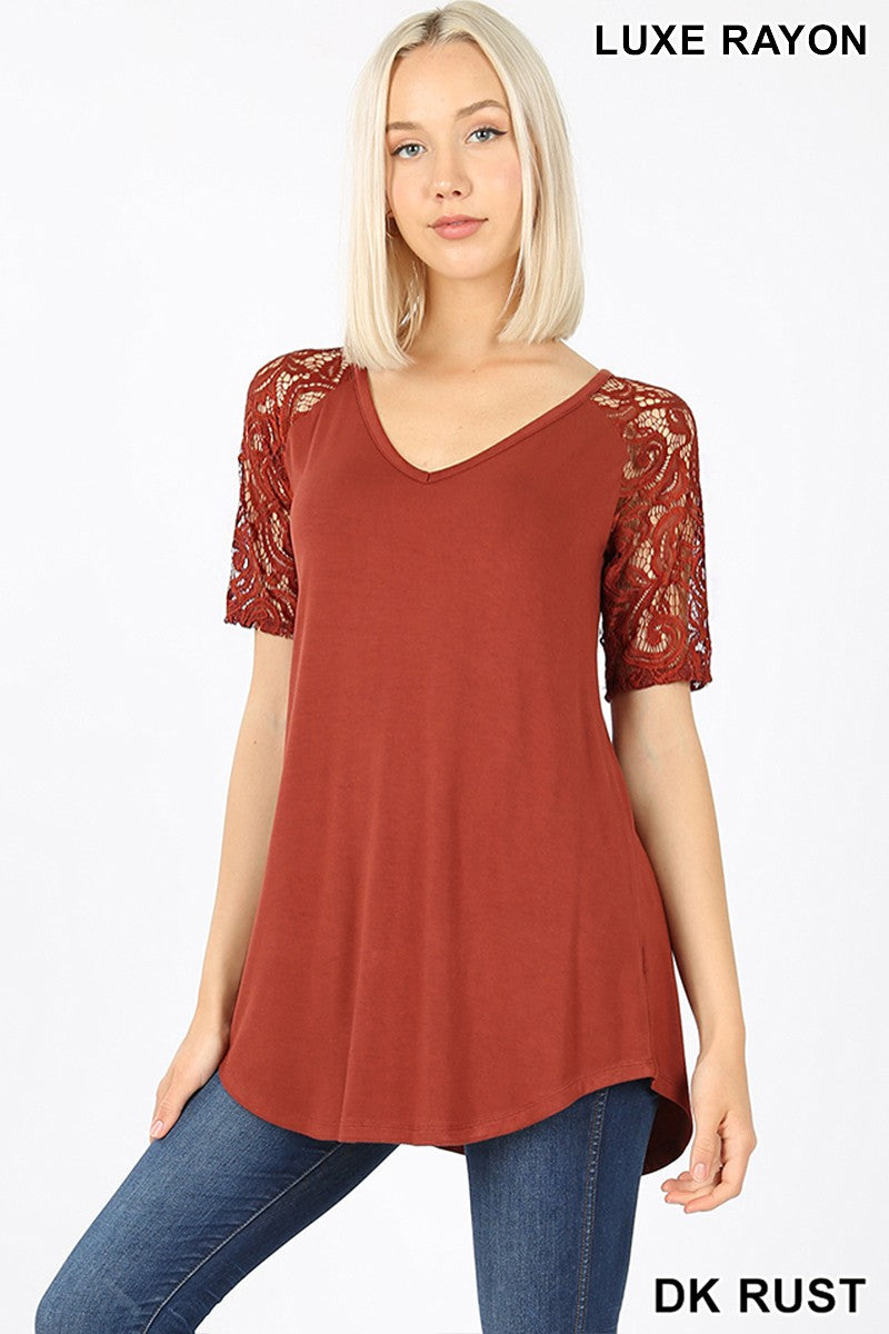 DK Rust Luxe Rayon Lace Short Sleeve Top