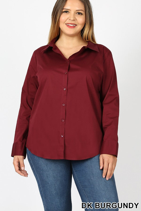 PLUS COTTON LONG FOLDED-SLEEVE BLOUSE