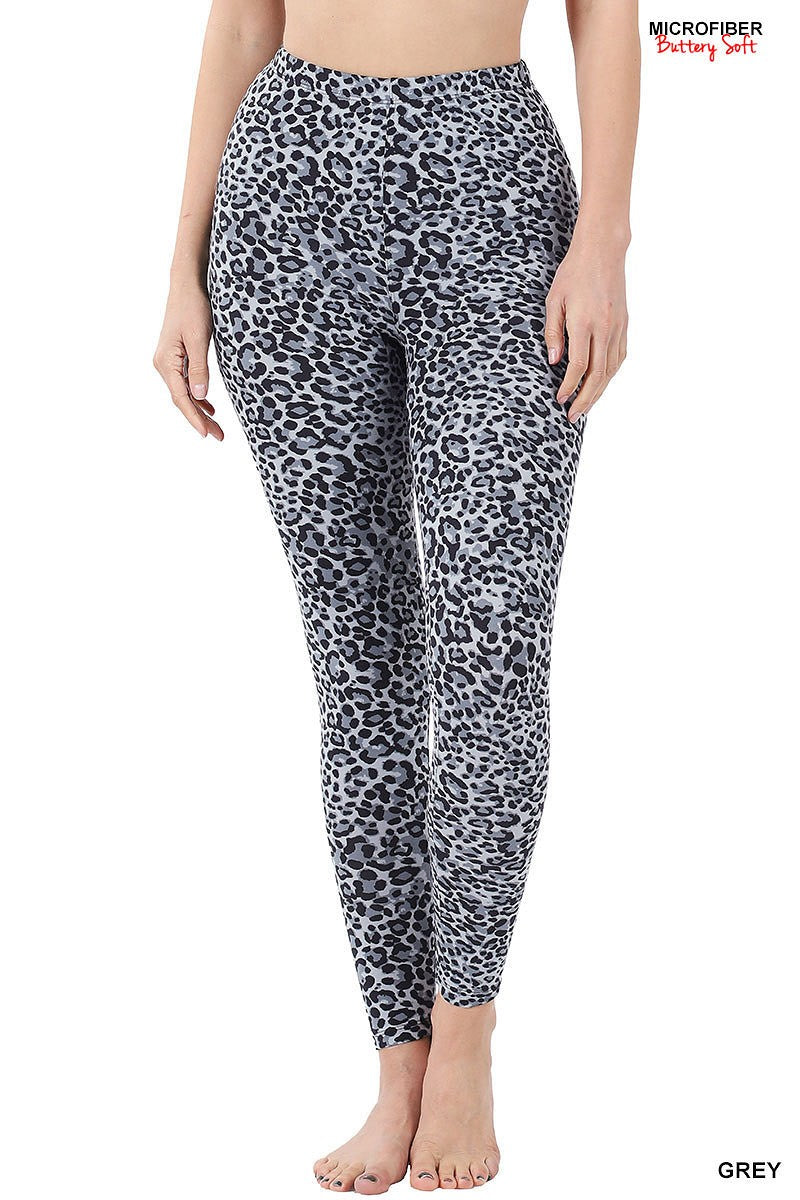 Brushed Microfiber Grey Leopard Print Leggings