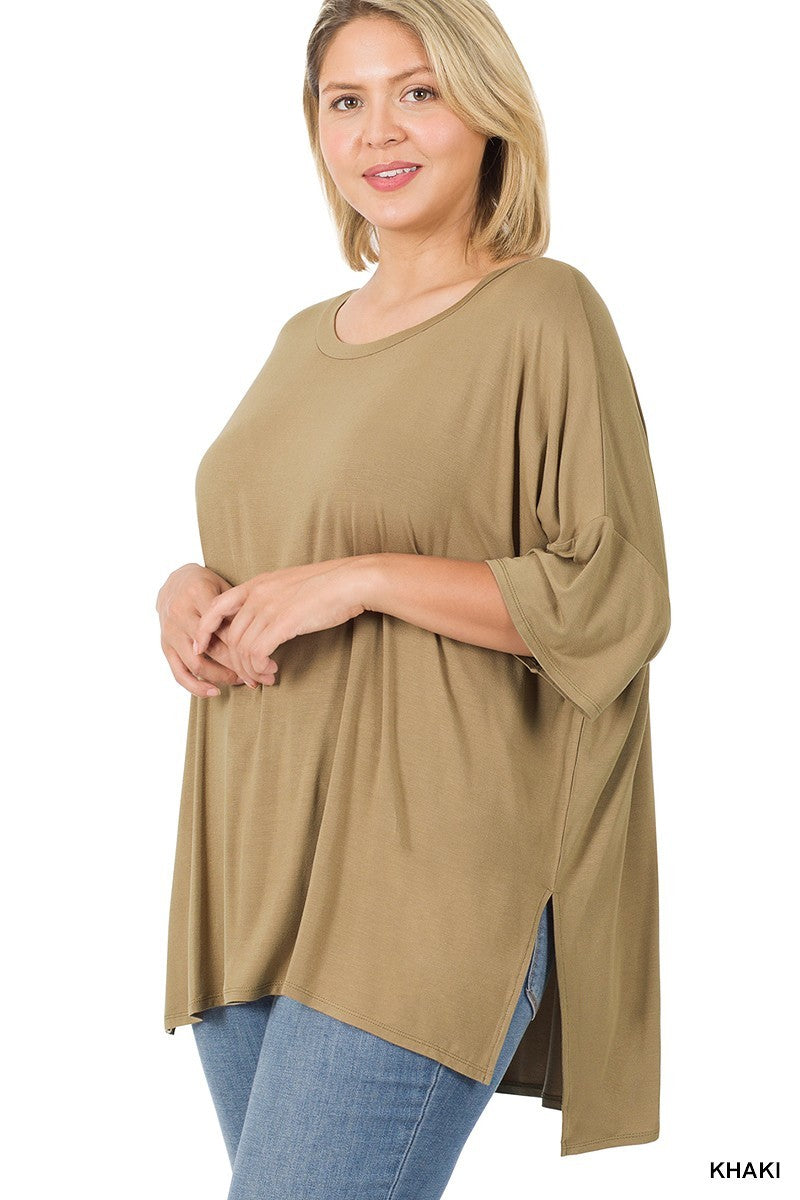 PLUS RAYON DOLMAN HALF SLEEVE ROUND NECK TOP